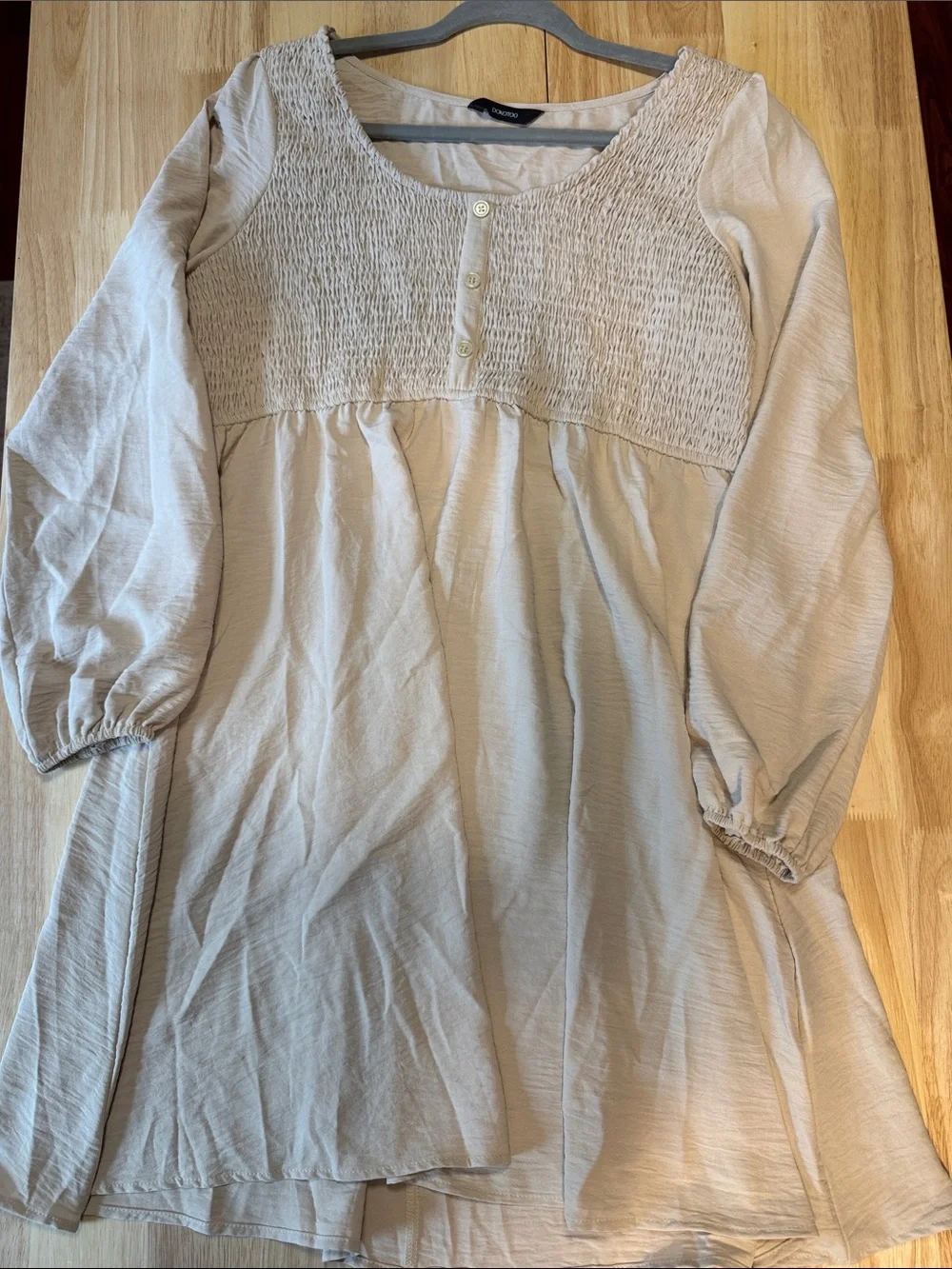 Women's Long Sleeve Smocked Yoke Tunic Dress - Cream